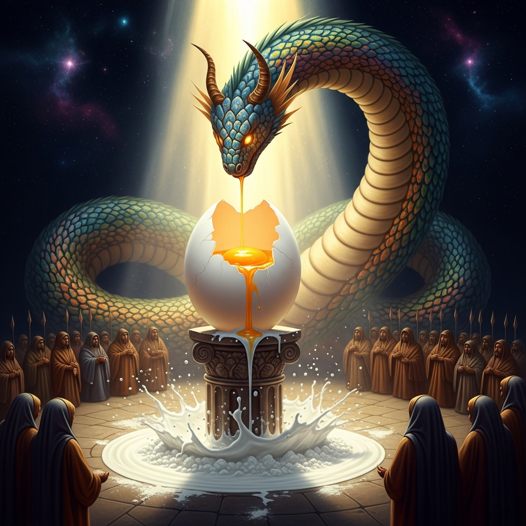 The white egg cracks on the central post, the milk and the flour mingle, and the great serpent blesses the assembly before departing.