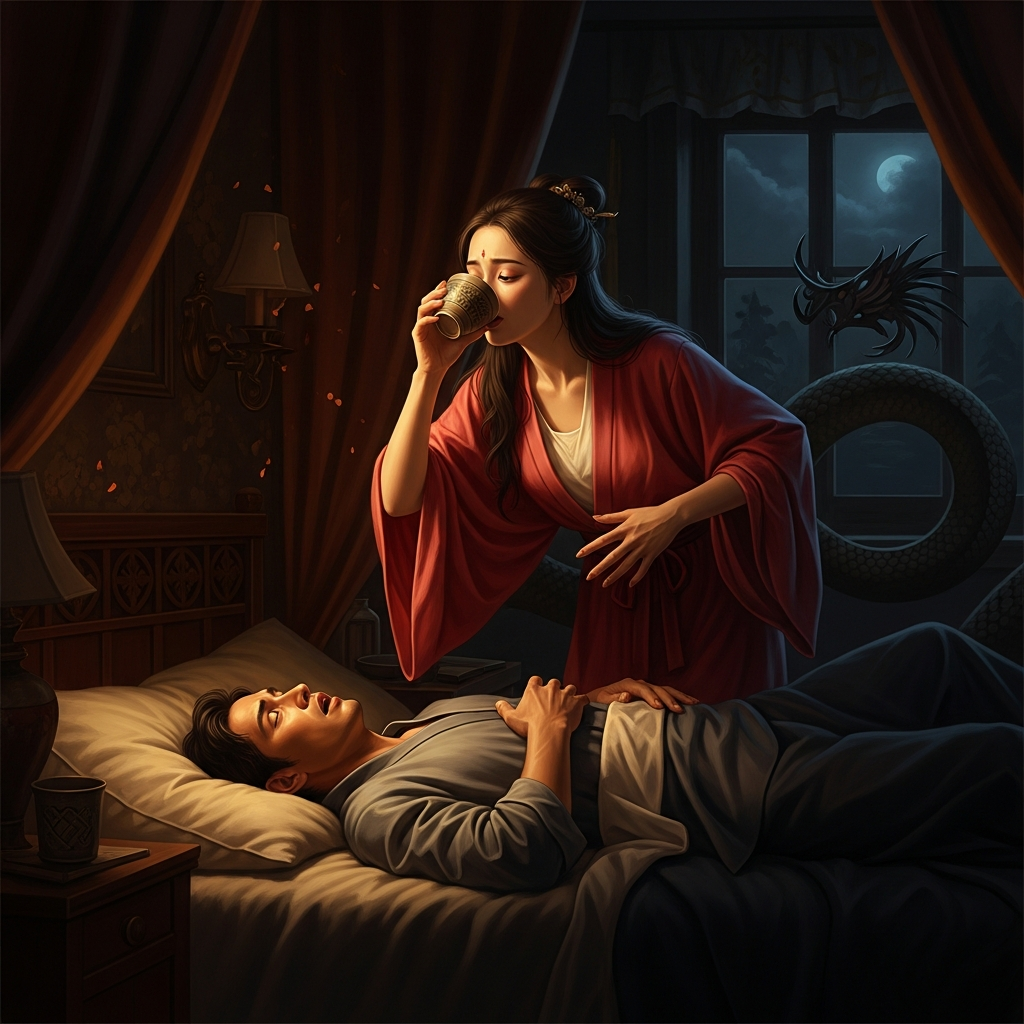 The Dragon Boat Festival night: Xu Xian has persuaded Bai Suzhen to drink realgar wine, which reveals demons. She tries to refuse. She drinks. In their bedroom afterward, Xu Xian sees what she is. He dies of fright on the spot, and she must travel to the mountain of the immortals to steal the resurrection fungus to revive him.