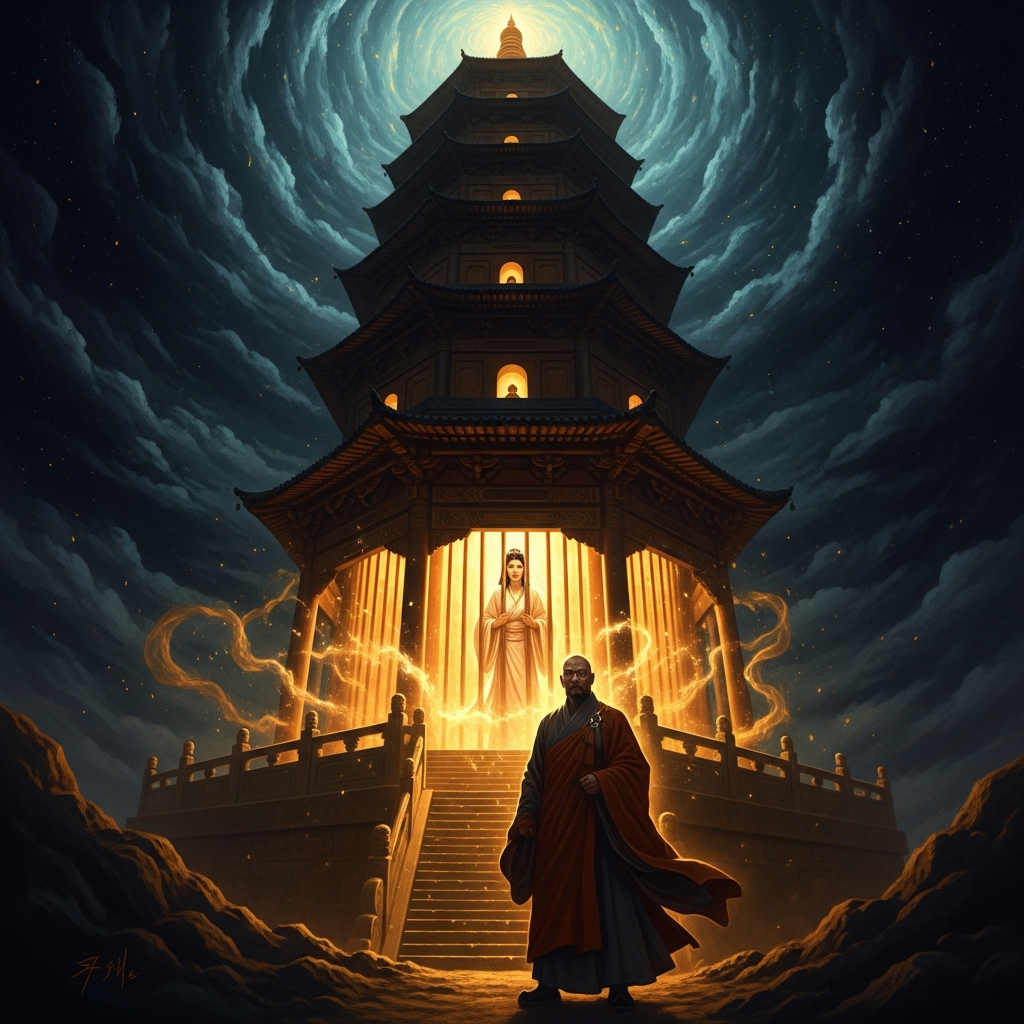 The Thunder Peak Pagoda at Leifeng Hill, West Lake. Fahai stands at the base. Bai Suzhen is inside, not imprisoned in the way of iron bars, but sealed — by the monk's power and by the structure of the world as the monk understands it. The pagoda collapsed in 1924. She is sometimes said to have been released.