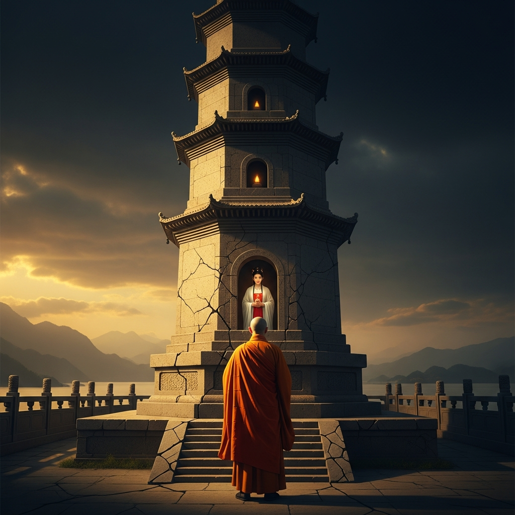 Fahai stands before the Thunder Peak Pagoda on Leifeng Hill at West Lake. Inside, Bai Suzhen. The stone is old and the pagoda is already showing the first cracks that centuries of stolen bricks will eventually complete. The monk's face shows not triumph but the specific expression of someone who believes he has done what was necessary and is not certain it was enough.