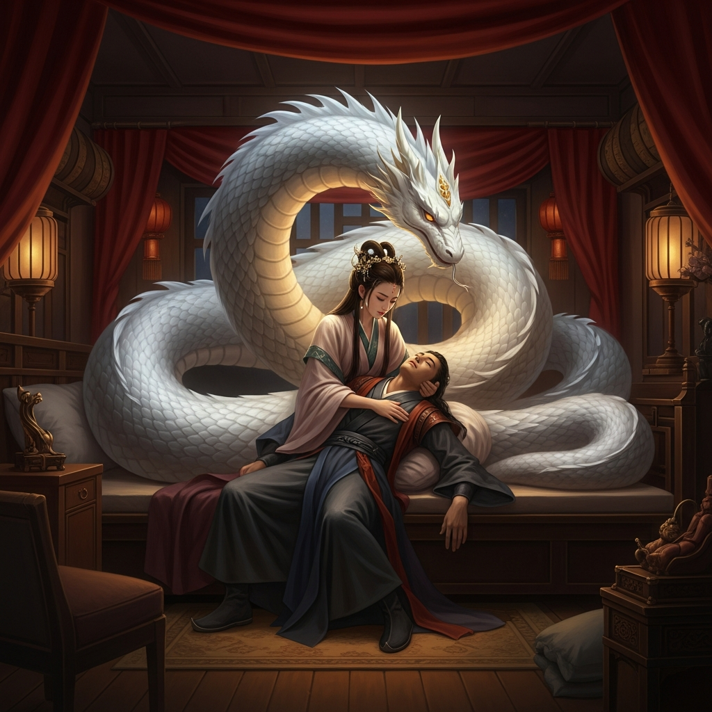 The Dragon Boat Festival night: Bai Suzhen in her true form fills the bedroom — vast white serpent coiled in the lamplight, her scales luminous, her face human still but her body finally what it is. Xu Xian has fallen. She holds him with a look of absolute anguish, already planning the journey to the immortals' mountain to steal what will save him.