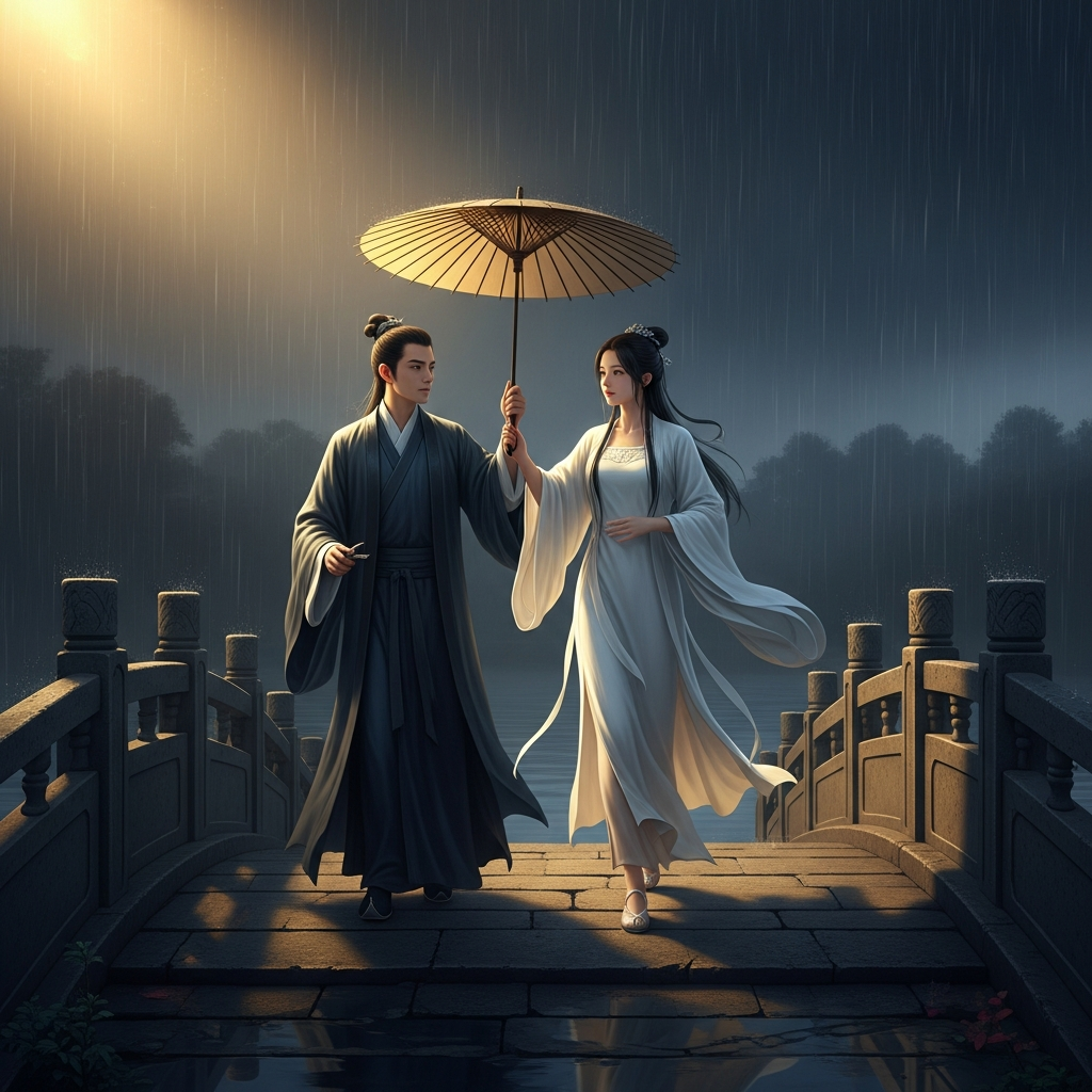 Bai Suzhen and Xu Xian on the Broken Bridge at West Lake in a sudden rainstorm. He lends her his umbrella. She is completely human in appearance — white silk dress, black hair, nothing in her face to mark the centuries of mountain cultivation. She is also completely herself.