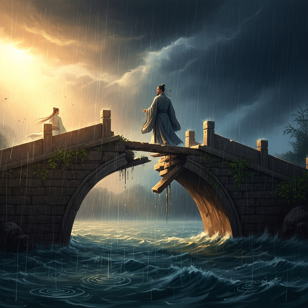 The Broken Bridge at West Lake, Hangzhou, in sudden rain. Xu Xian in a scholar's rain cloak offers his umbrella to a woman in white silk who has no shelter from the storm. Her face is perfectly human, entirely composed, giving away nothing of the five hundred years she spent becoming this face. The rain falls in silver sheets across the West Lake pavilions.