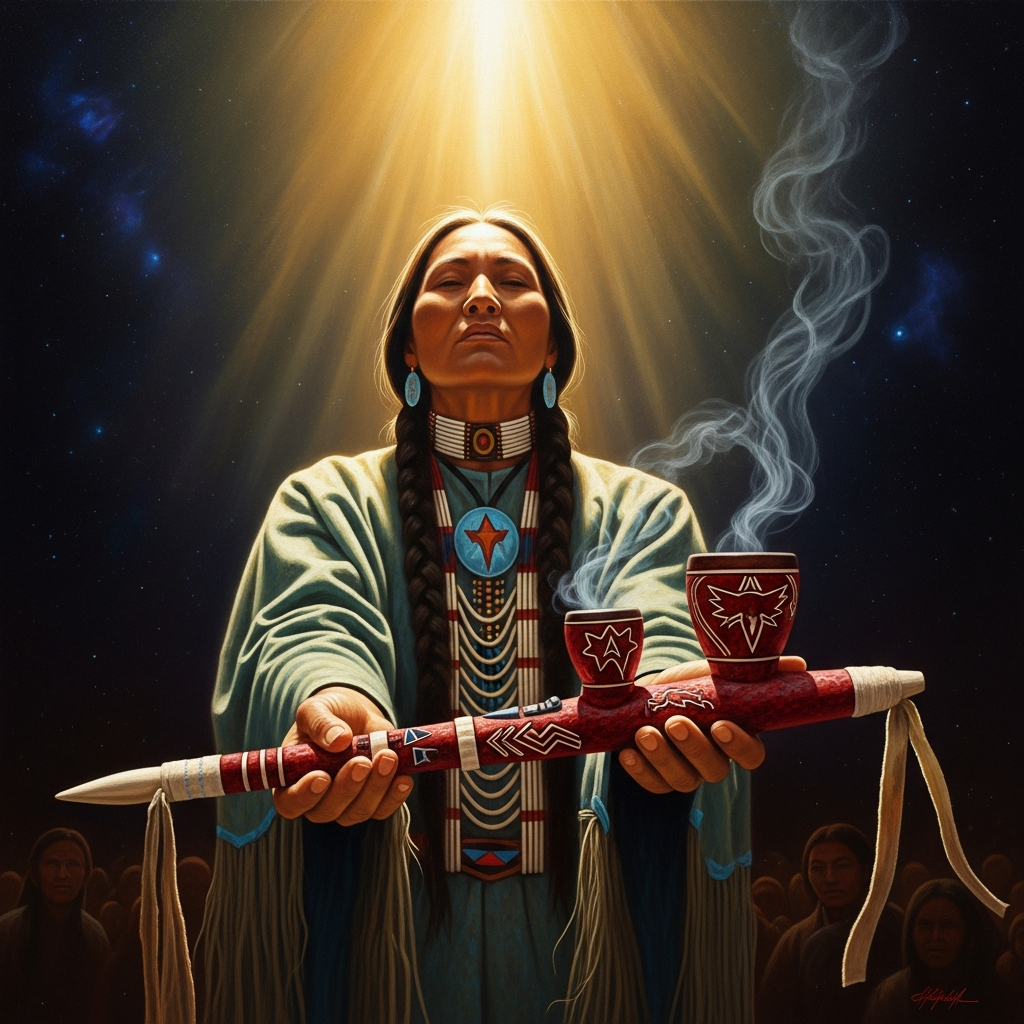She holds the *chanunpa wakan* out with both hands, stem toward the people. The bowl is red pipestone carved from the earth's own body. Smoke rises from it before anyone has lit it.
