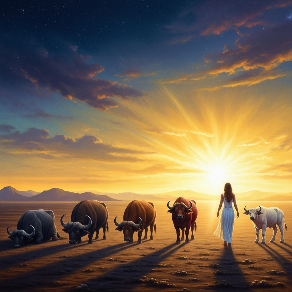 She walks away across the plain and four times she rolls on the ground. First a black buffalo, then a brown, then a red, and finally a white buffalo calf standing in the gold light of morning.