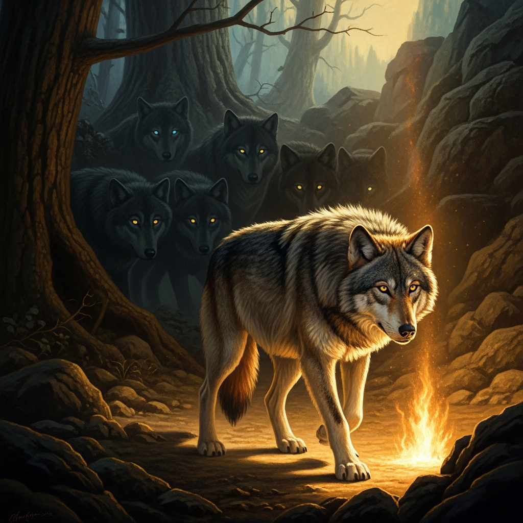 At the edge of the firelight, one wolf steps forward and does not leave. The others watch from the dark. The wolf who chooses the fire becomes the dog. The wolves who choose wildness become the wolves.