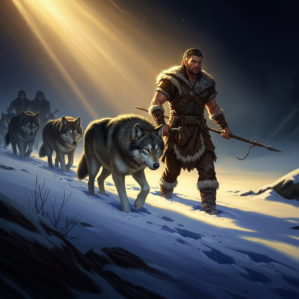 The pack moves across the snow in the pre-dawn dark — wolf and human together, reading the same track, following the same logic. One cannot take the elk alone. Together they can.