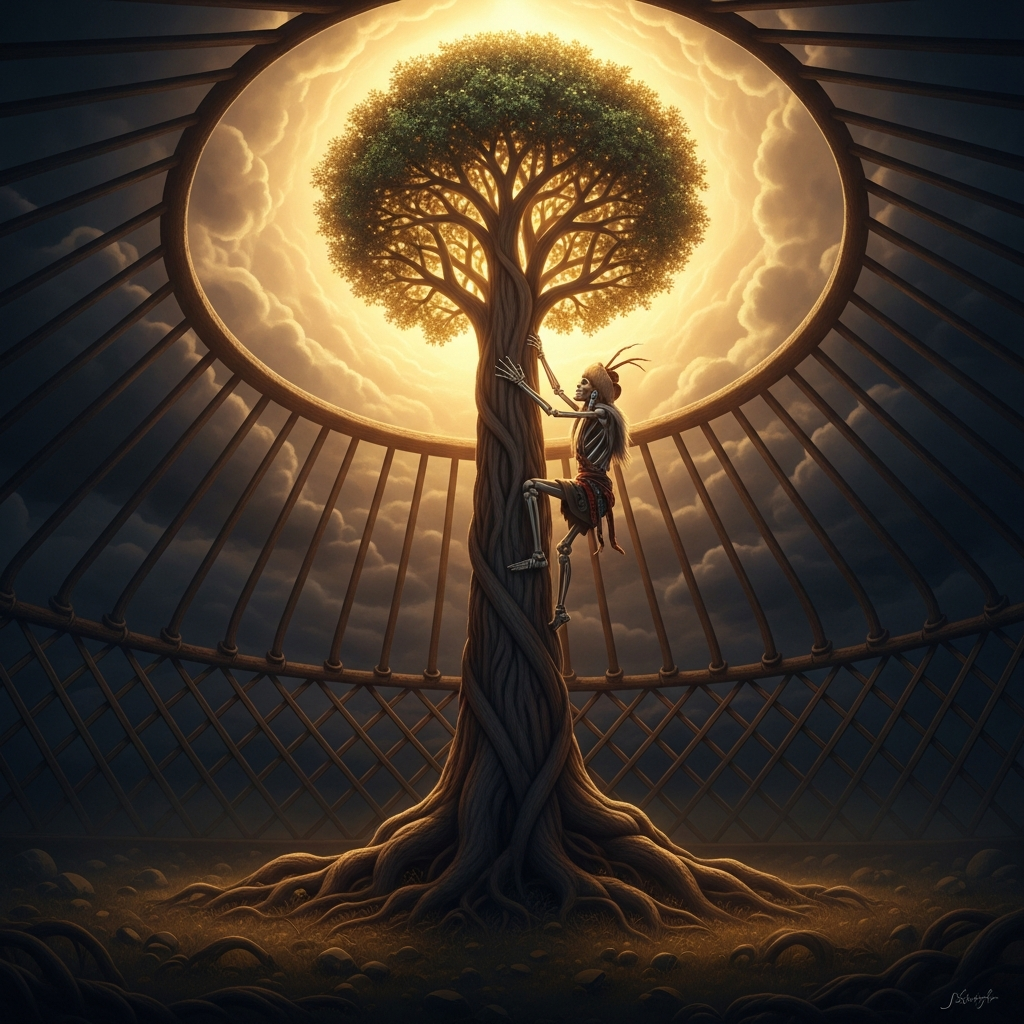 The World Tree rises through the smoke-hole of the cosmic ger, its roots in Erlik's realm and its crown in the highest heaven. The reassembled shaman climbs it for the first time, testing the new bones the spirits have added.