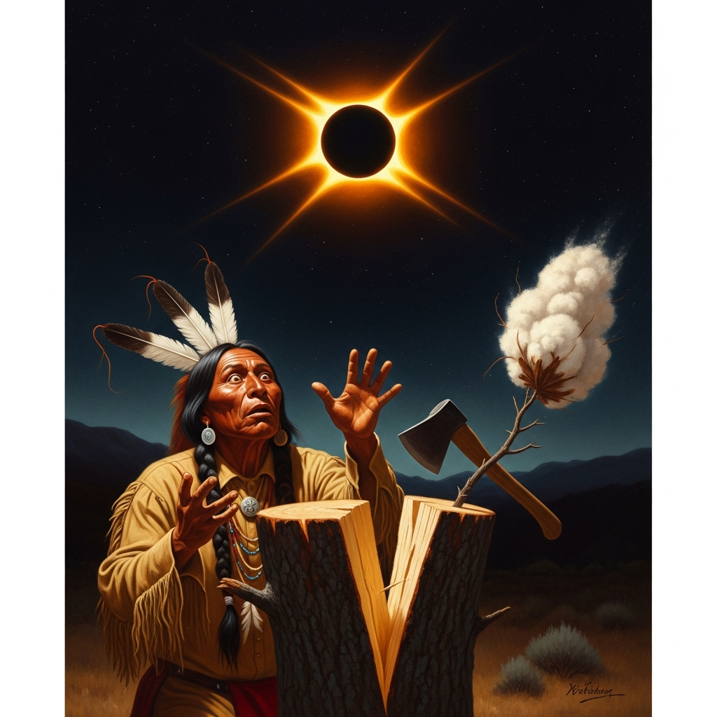 Wovoka splits cottonwood in the Mason Valley as the sun goes black at noon and his axe falls from his hand.