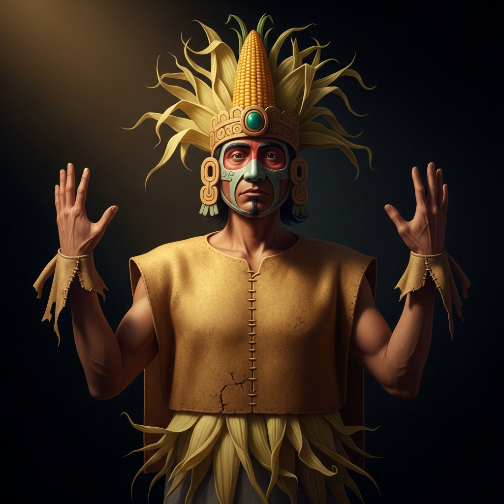 Xipe Totec is depicted wearing human skin as a garment — the loose flaps at the hands, the seam at the back, the face worn like a mask over the god's own face beneath. The skin is called tlatoc, the golden robe. It is the dry husk of the corn, waiting for the green shoot.