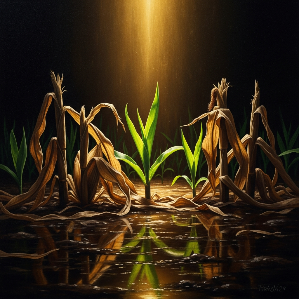 Twenty days after the ceremony, the dry corn stalks of late winter beginning to show the first green growth of the new season. The old skin has been shed. Beneath it the world is wet and ready.