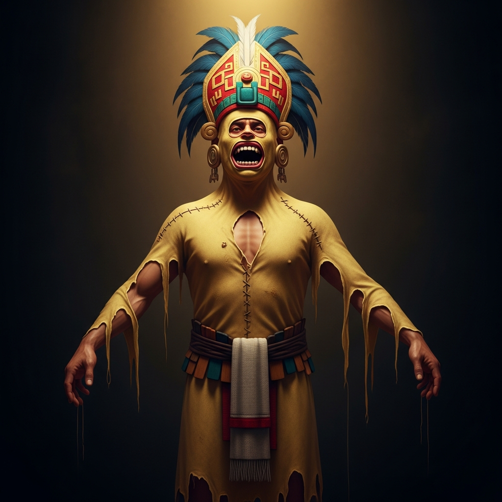 A priest of Xipe Totec in full regalia — the flayed human skin worn over his own body like a second skin, already yellowing after days of wear, stitched at the back and hands. His face emerges from the open mouth of the skin's face above him. He carries a rattle and a shield. He is the god.