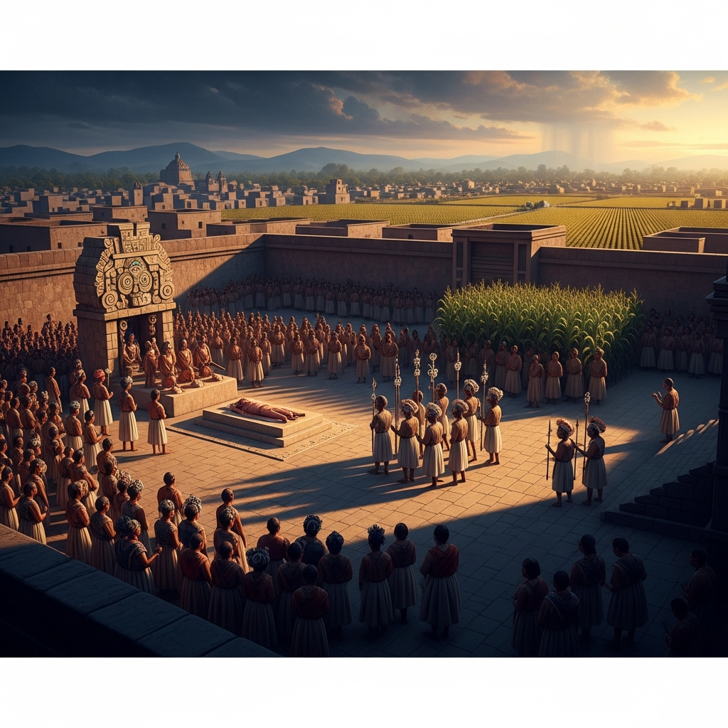 The tlacaxipehualiztli ceremony in the courtyard of the Templo Mayor at dawn. Priests in the skins of the flayed move in procession around the sacrifice stone. The city is watching. The maize fields outside the city walls will soon need rain.