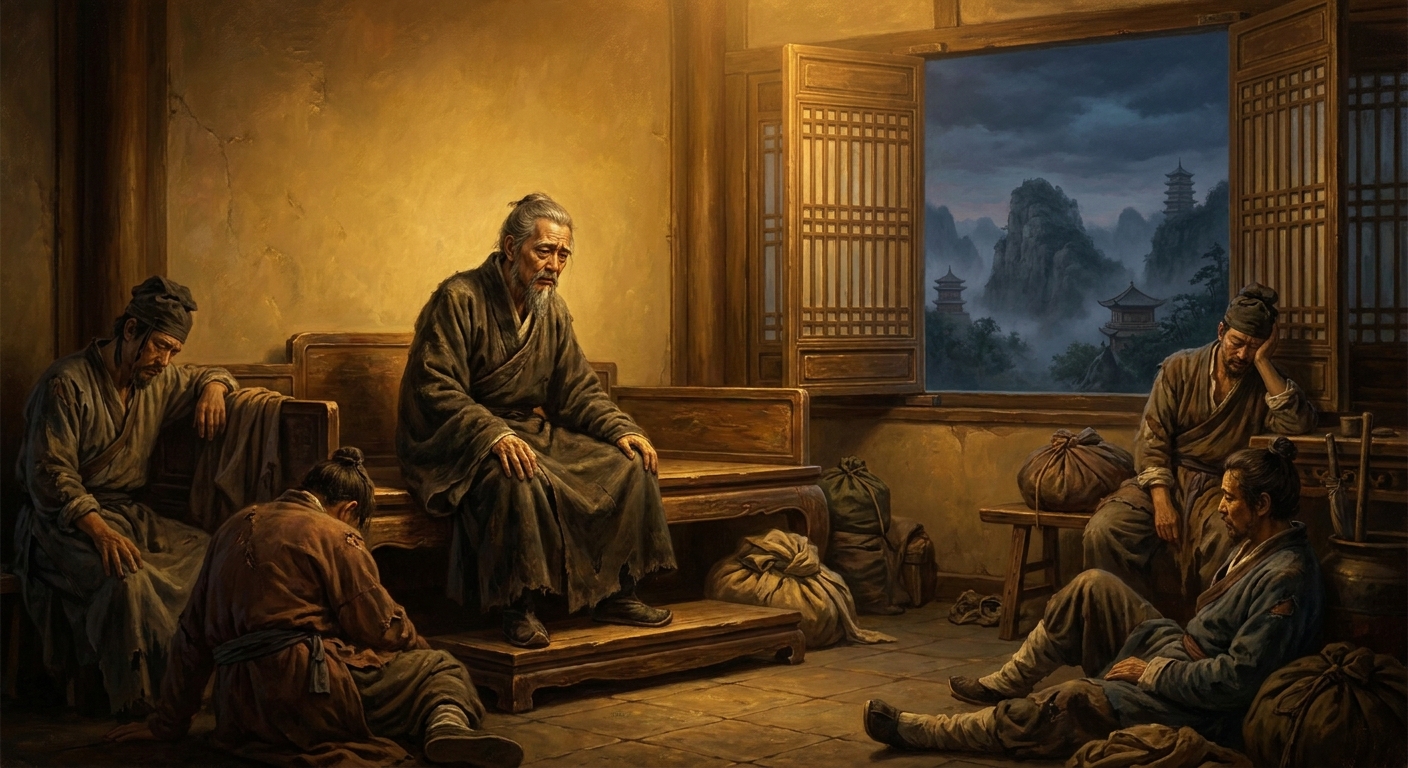 Years earlier — the imperial nephew in patched robes, sweeping the courtyard, hiding from the assassins his uncle has sent.
