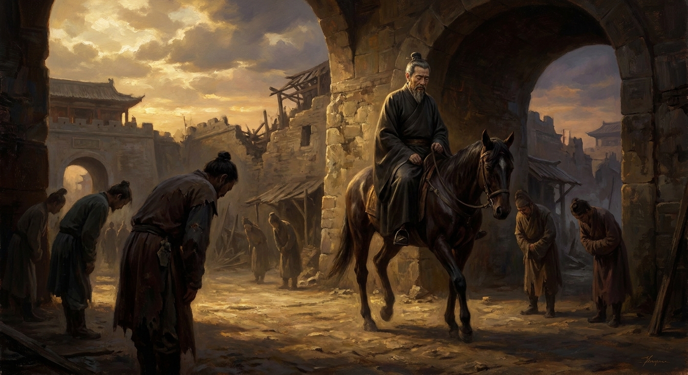 Twenty years on. The imperial procession winding up the mountain, the throne come back to thank the man who once cuffed him for asking the wrong question.