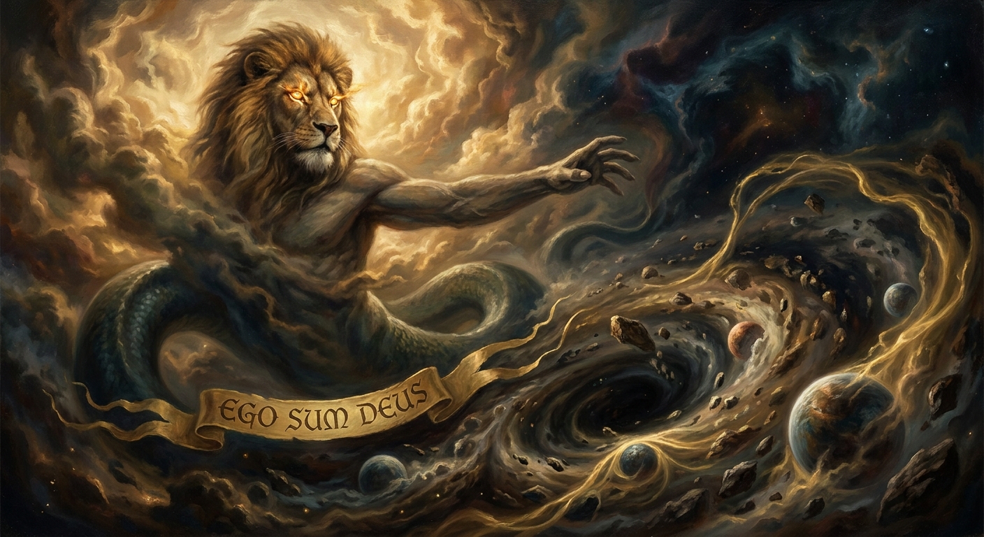 Yaldabaoth — lion-faced, serpent-bodied, born of Sophia's desire and her ignorance — opens his eyes for the first time and sees only himself.
