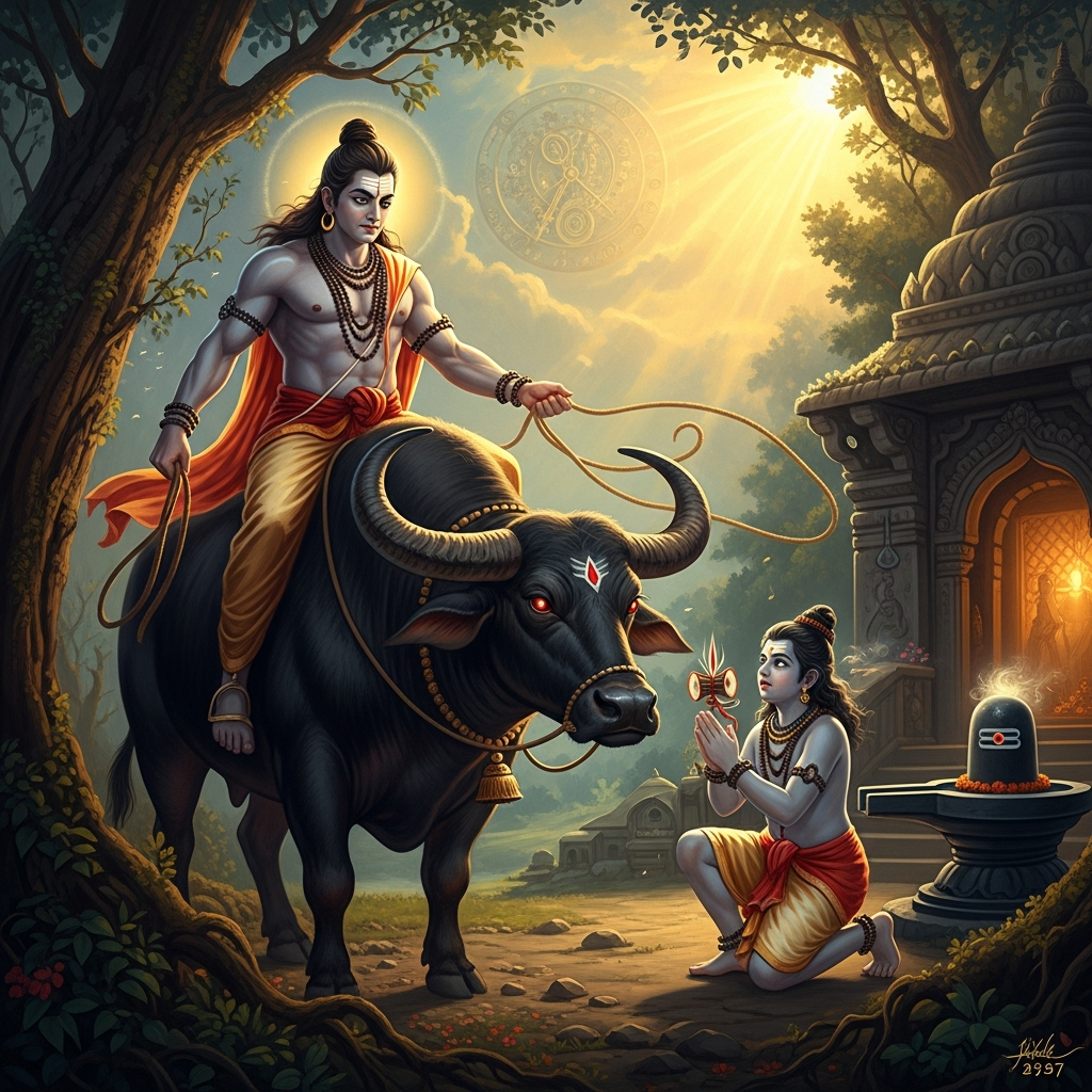 Yama on his black buffalo, noose extended, arrives at the ashram at the precise moment of Markandeya's sixteenth year — fulfilling his duty with the clockwork inevitability of cosmic law, until the law meets its limit.