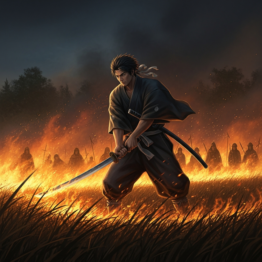 Yamato Takeru stands in a field of burning grass on the Sagami plain. The enemies who set the fire are watching from the treeline. He draws Kusanagi from its sheath and begins to cut — the blade swings of its own accord, clearing the grass, turning the fire back on those who lit it.