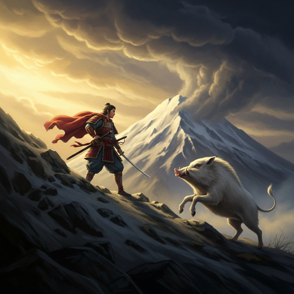 The prince climbs Mount Ibuki alone, without the Kusanagi he left with Miyazu-hime, without armor, contemptuous of the god of the mountain. The white boar he dismisses as a divine messenger turns to face him. The weather turns. He does not know yet what is happening to him.