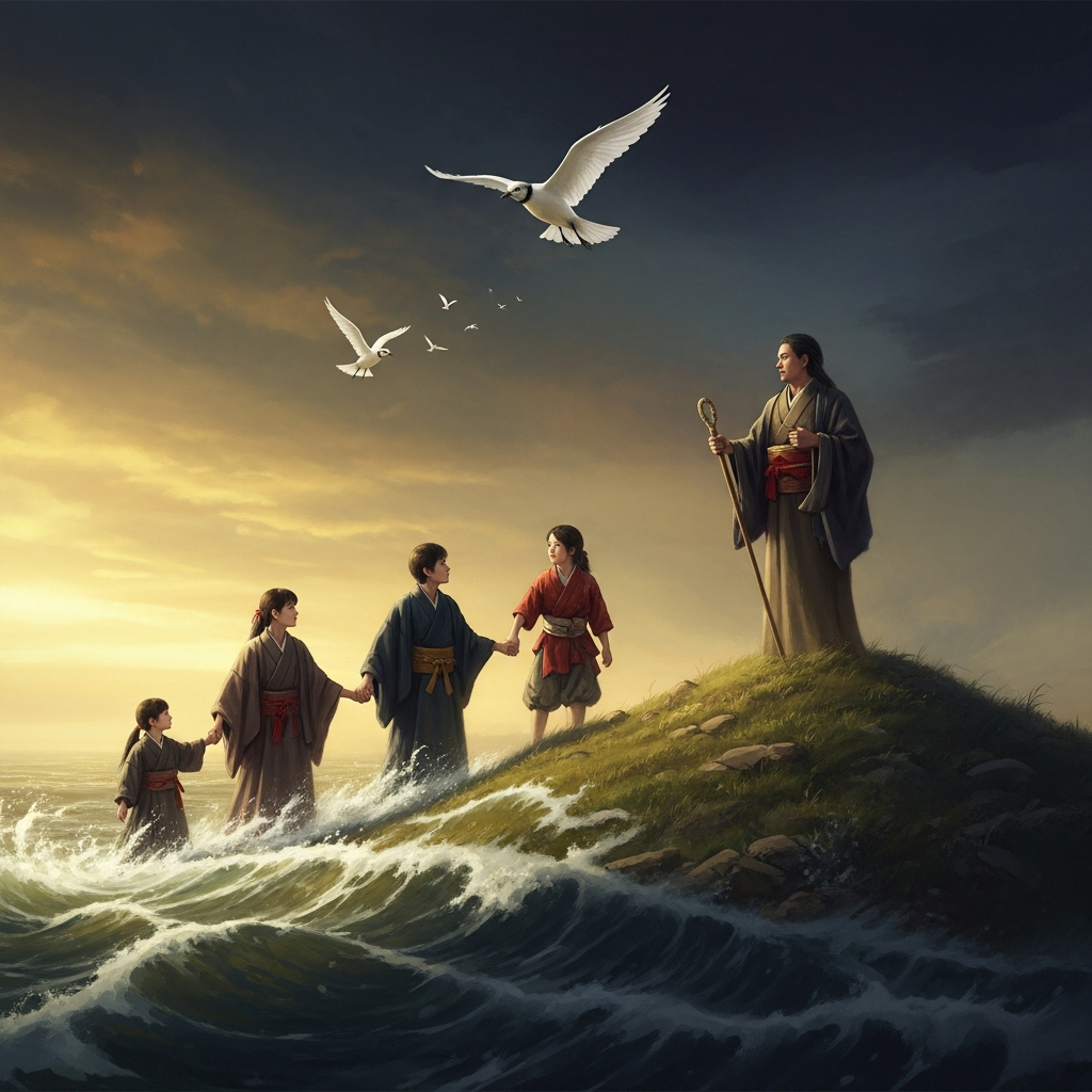 At Nobo in Yamato, the white plover descends. The family of Yamato Takeru follows it from the mounded tomb, wading through fields, through sea foam, through the sky. The bird rises. It does not land again. The prince who could not be stopped in life becomes, in death, something no one can follow.