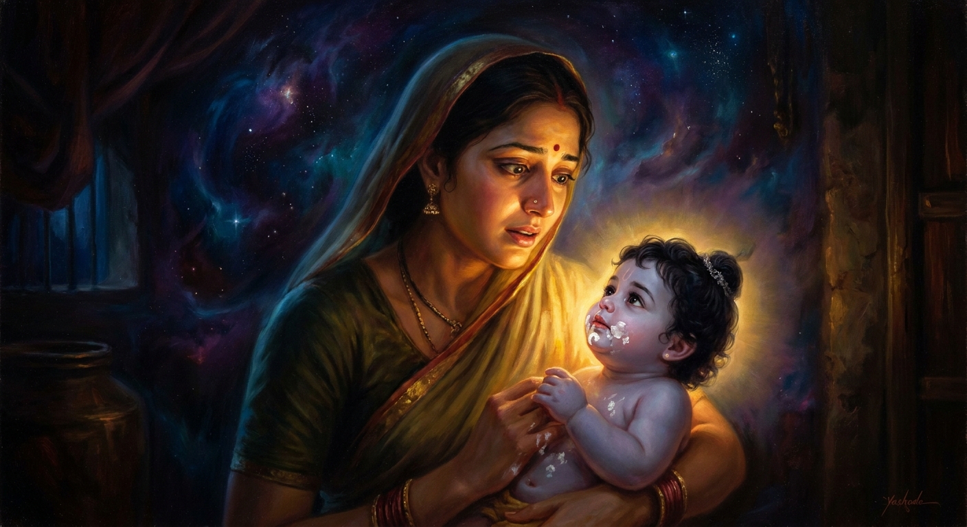 She forgets. The Bhagavata Purana is precise about this: forgetting is not failure. It is the god's last act of love. She returns to being his mother. That, too, is the whole universe.