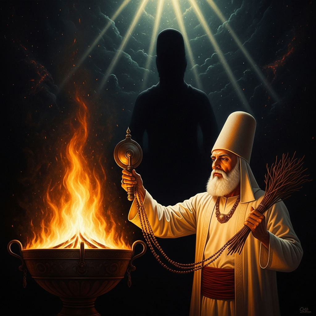 A Zoroastrian priest performs the Yasna at the sacred fire in Sassanid Persia — the daily ritual that holds back Angra Mainyu and keeps the renovation of the world on schedule.
