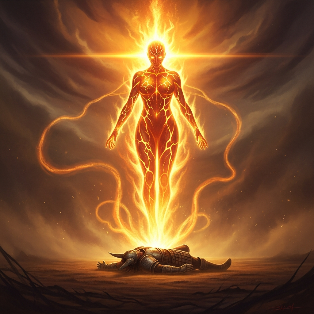 Ba, the Drought Goddess, descends into the fog like a sun that has decided to land — her heat burning the iron mist from the plain of Zhuolu and laying Chi You bare.