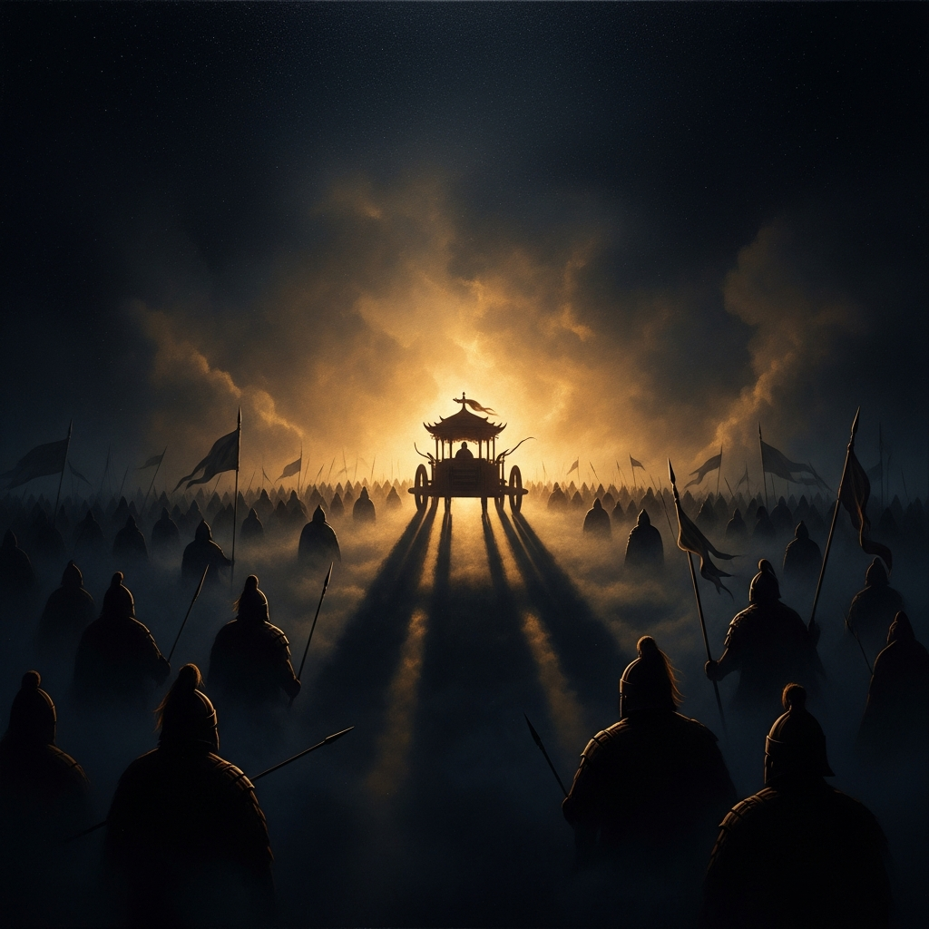 Huangdi's army stands lost in Chi You's iron fog at Zhuolu, the south-pointing chariot at their center the only fixed point in a world that has erased all direction.