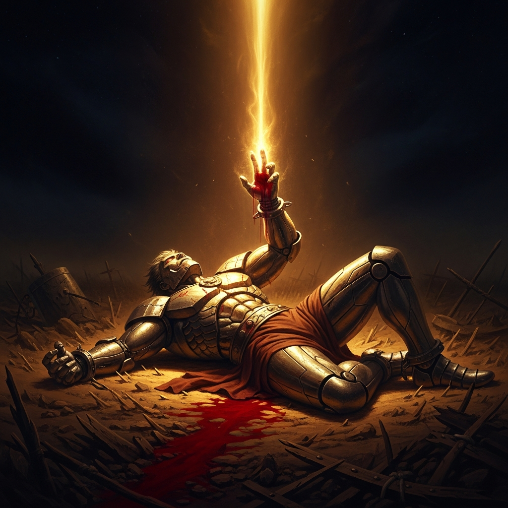 Chi You lies captured on the field, his iron body bright with the Drought Goddess's heat, his blood already pooling red in the trampled earth where the lacquer trees will grow.