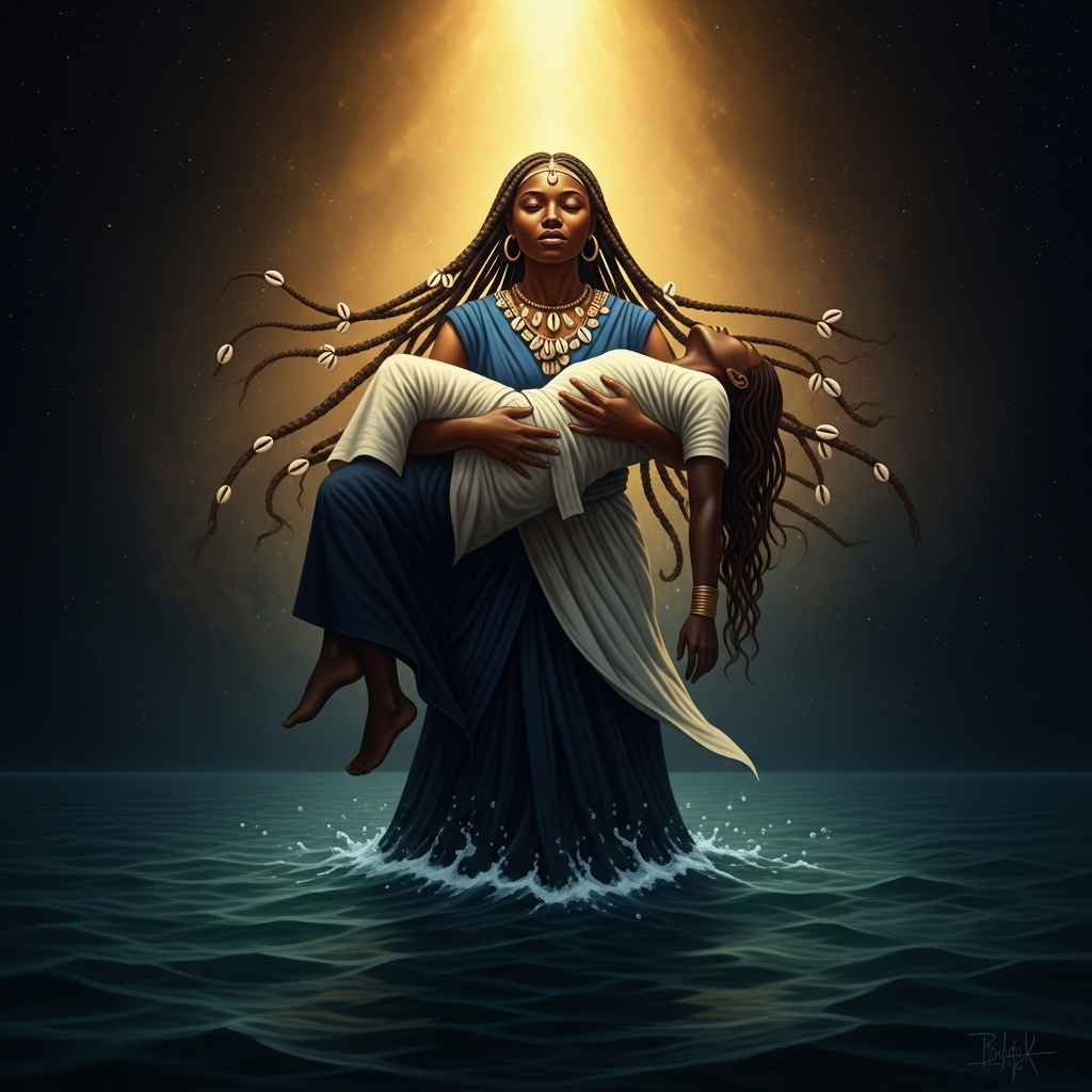 Yemoja rising from deep Atlantic water, her body half-river and half-ocean, cowrie shells streaming from her braids, her robes indigo and white and the dark blue-black of water with no light in it. She holds the dead close with both arms.