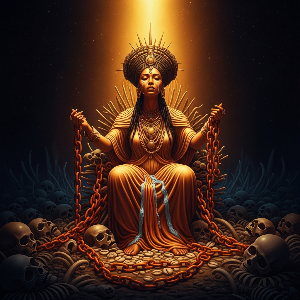 The floor of the Atlantic: Yemoja enthroned among bones and cowries and iron chains gone orange with rust. Her face is the face of rivers and of grief and of something harder than either. The dead surround her in the dark, and she knows each one.