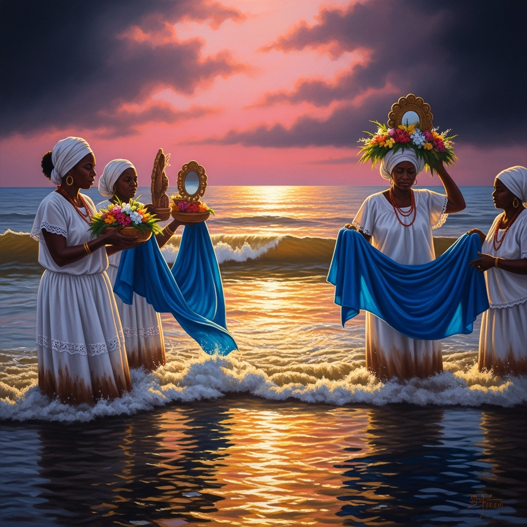 A Candomble ceremony in Salvador, Bahia. Women in white carry offerings of flowers and mirrors and blue cloth to the shoreline, wading into the surf to release them. The horizon is pink. The sea receives everything.