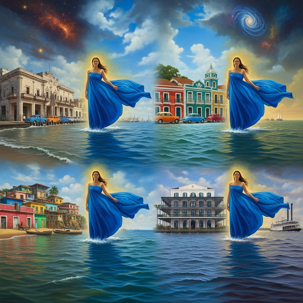 On four shores simultaneously: Havana, Salvador, Port-au-Prince, New Orleans. In each city, a woman in blue cloth stands at the water's edge. She is the same woman. The ocean connects them.