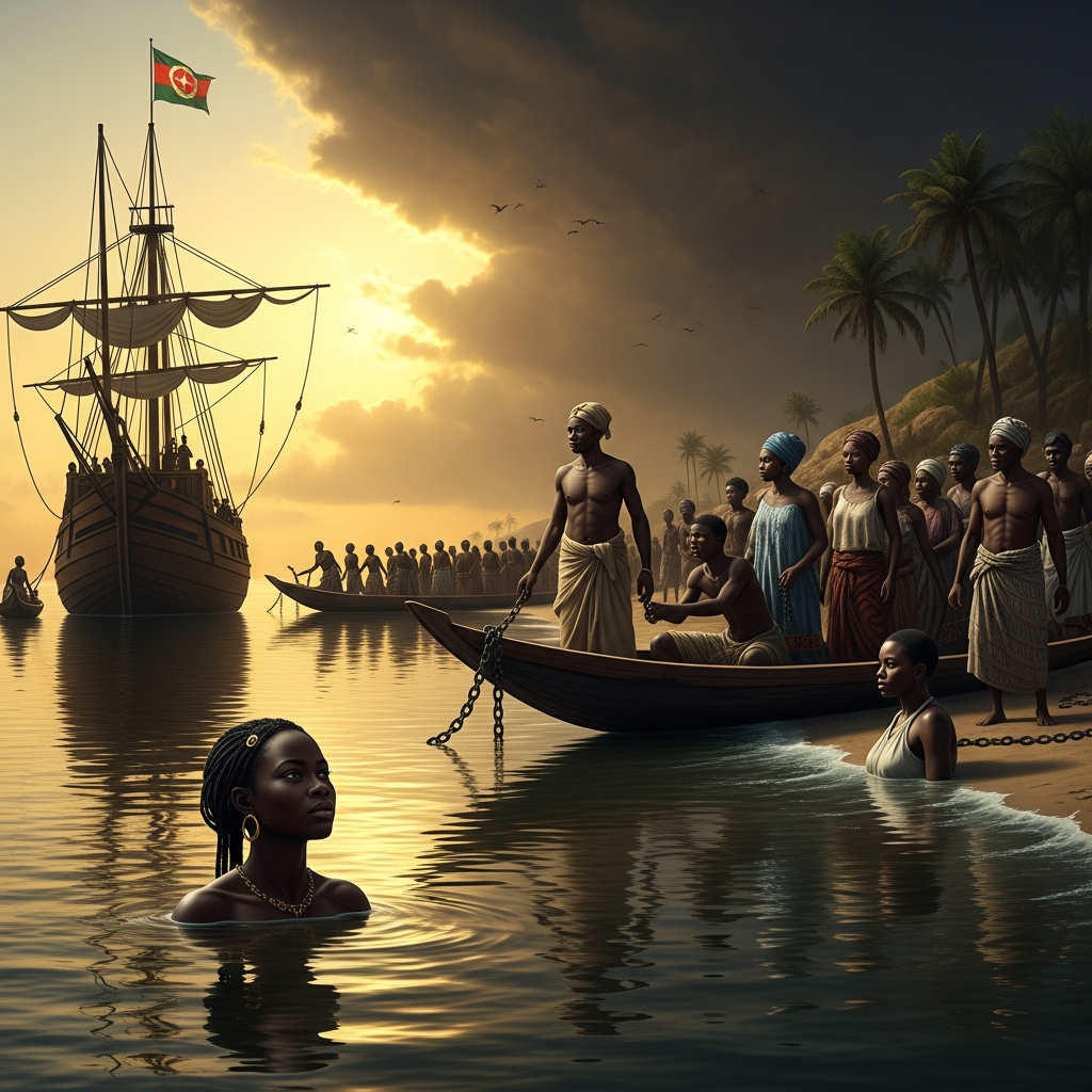 At the mouth of the Niger Delta, a Portuguese slaving vessel rides at anchor. On the shore, chained lines of men and women are moved toward the longboats. Yemoja watches from the water, her body half-submerged, her face above the surface.