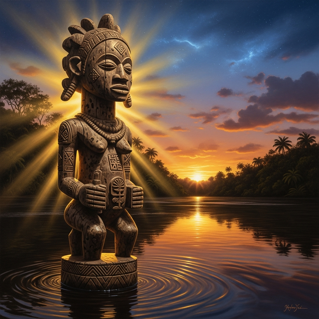 The Ogun River at dusk. A carved wooden figure of Yemoja at the river's edge, surrounded by offerings: shea butter, blue cloth, white flowers. Downstream, the river bends toward the sea.