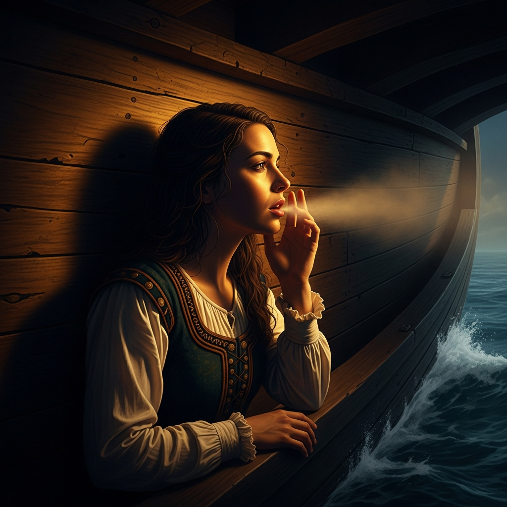 Below decks, in the darkness of the hold, a woman presses her lips against the wood of the hull — the ocean inches away — and whispers a name. The water outside the hull shifts.