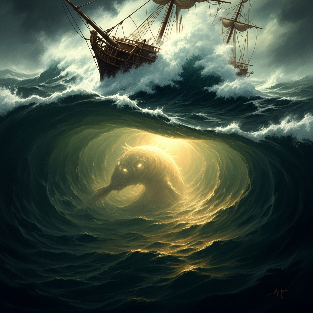 A slave ship in Atlantic storm, waves the height of masts, the sea green-black and violent. Beneath the hull, barely visible through the dark water, something immense and luminous moves — neither fish nor wave nor current.