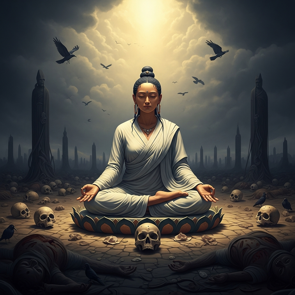 Yeshe Tsogyal seated in lotus posture at the center of a charnel ground at dawn, surrounded by skulls and decomposing forms. Her expression is utterly still. Crows circle overhead. Her white robes catch the grey light. Her hands rest in meditation mudra, open and unhurried.