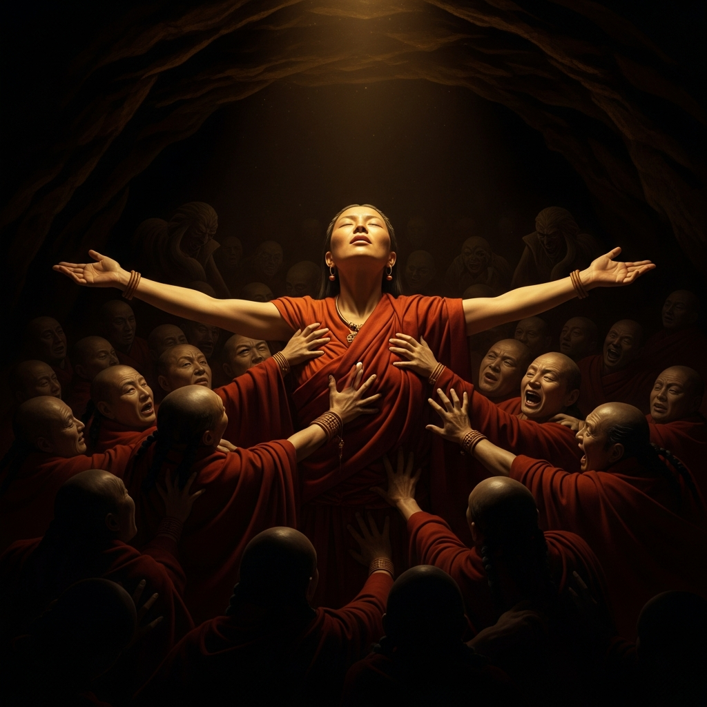 In a dark cave, Yeshe Tsogyal extends her arms outward in the gesture of giving, as spirits in semi-visible forms crowd around her, pulling at her robes, pressing against her skin. Her face shows neither terror nor struggle — only complete, fierce openness.