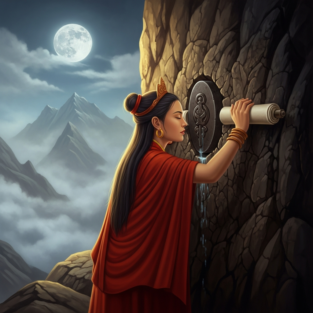 Yeshe Tsogyal pressing a scroll of teachings into the face of a cliff by moonlight, the rock opening to receive it like water. Behind her, mountains recede into cloud. Her eyes are closed in concentration as the stone seals shut around the treasure she is hiding for the future.