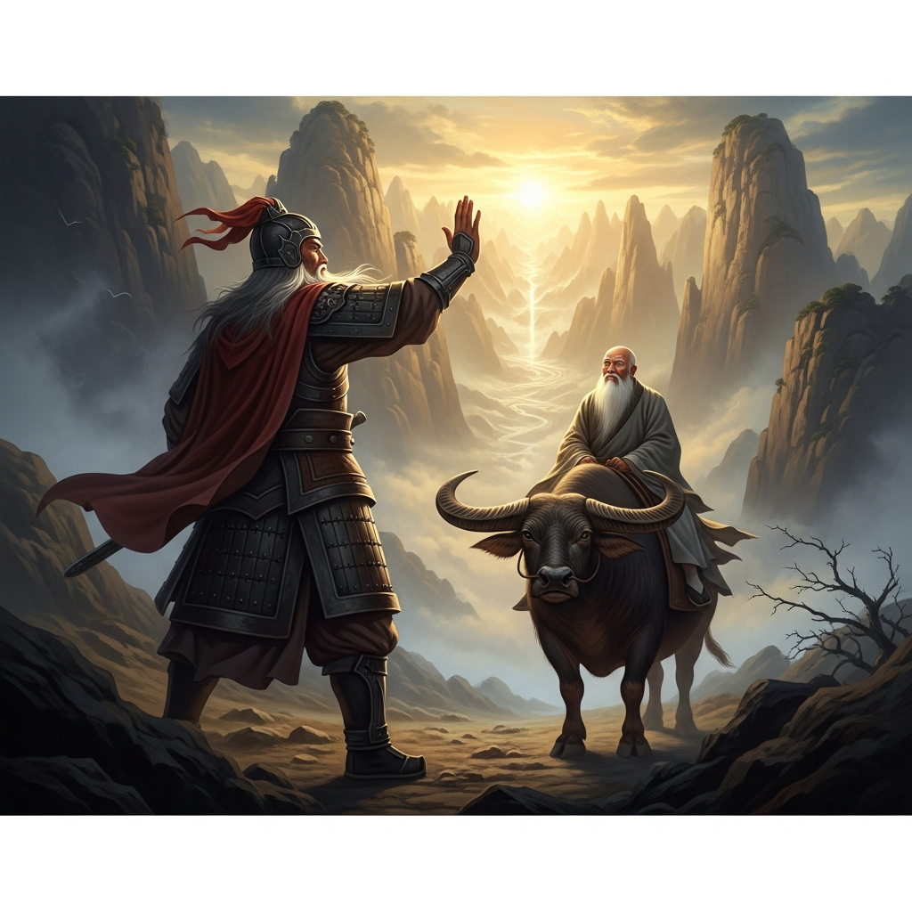 The border guard Yinxi raises his hand as the old man on the water buffalo approaches — behind him, the mountains; ahead, the end of China.