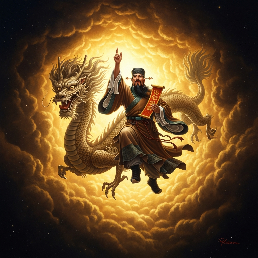 Zao Jun ascending on New Year's Eve, riding his paper horse through cloud, a scroll of the year's domestic events under his arm. The celestial bureaucracy receives thousands of these reports simultaneously, one per household, and processes them through the appropriate ministry before the new year begins.