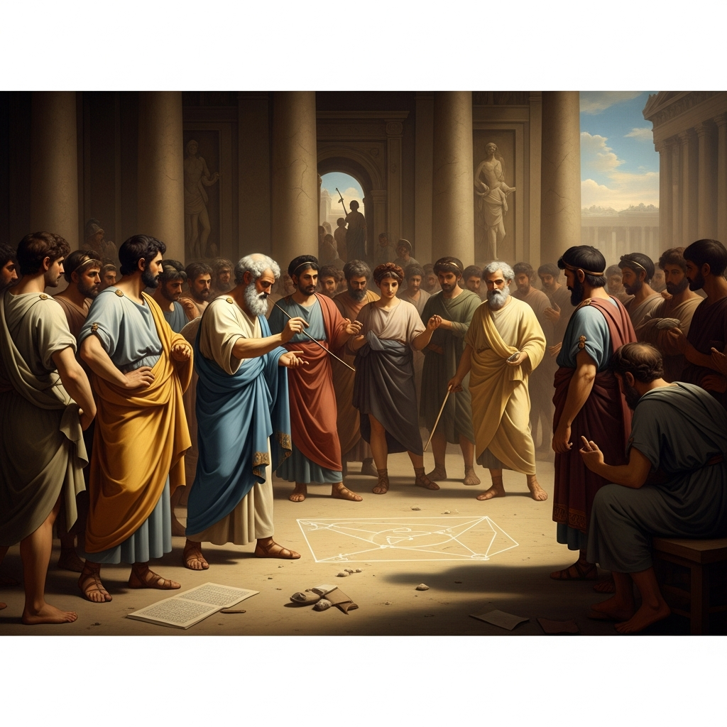 Zeno in the center of the agora, surrounded by Athenians, drawing a diagram in the dust with a stick. The crowd is pressing in. Some of the faces show the particular fury of people who have just been told something they know is wrong and cannot refute.