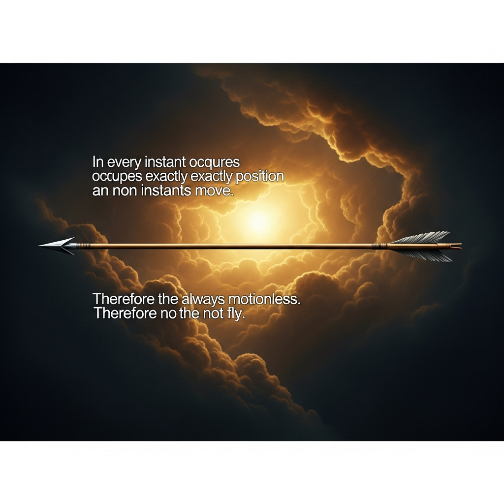 An arrow at the midpoint of its flight, frozen in the instant between nock and target. At every instant the arrow occupies exactly one position. At no instant does it move. Therefore it is always motionless. Therefore it does not fly.
