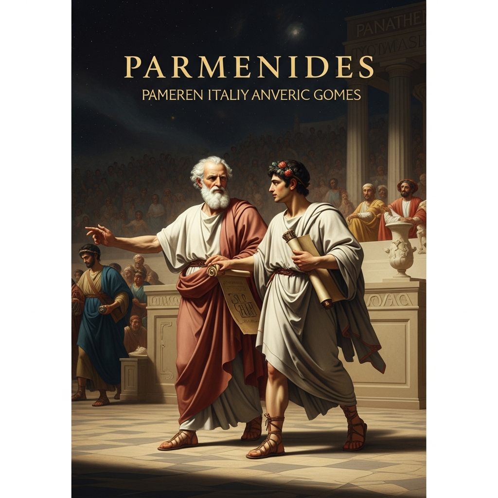 Parmenides and Zeno arriving at the Panathenaic games — the old man white-haired and deliberate, Zeno younger, carrying a scroll, both of them from a small southern Italian city nobody has heard of, about to change philosophy forever.
