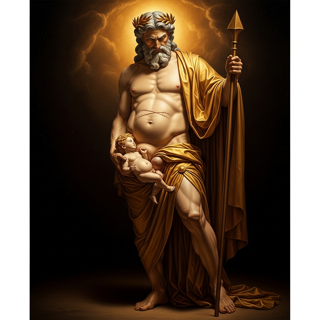 Zeus with the unborn Dionysus sewn into his thigh: the king of the gods as a gestating mother, nursing the god of ecstasy in the only womb that could survive him — hyper-realistic mythological painting in warm gold and shadow.
