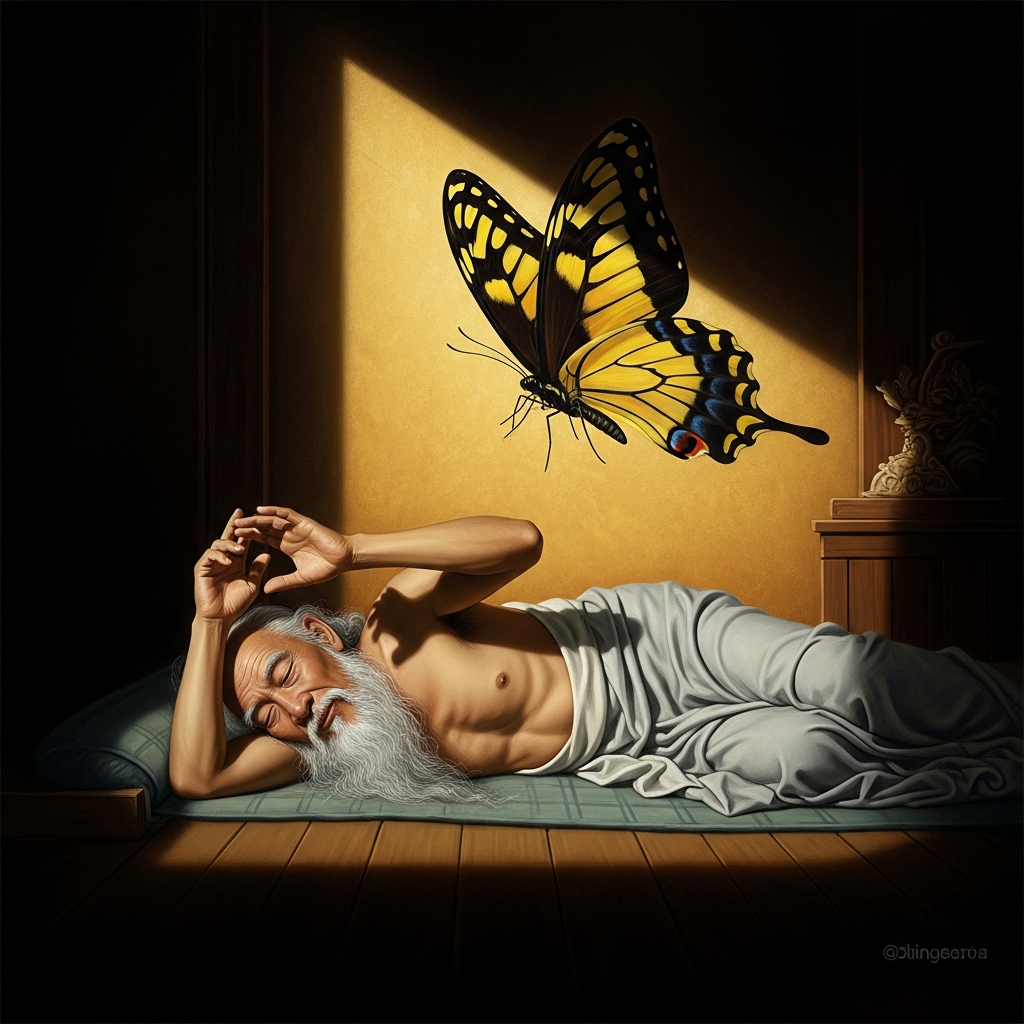 Zhuangzi on his sleeping mat, just woken, one hand raised to touch his own face. A large yellow-and-black butterfly rests on the wall behind him, or perhaps it is leaving through the window, or perhaps it is painted on the wall and never moved.