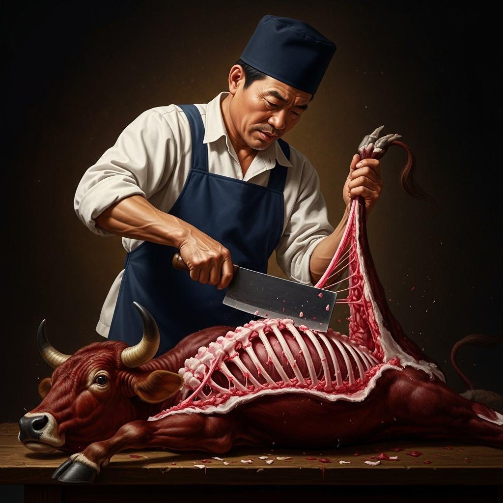Cook Ding at work — the ox opened along its natural joints, the cleaver never striking bone, moving through the cavities where the tendons meet the skeleton. His expression is the expression of someone who is not thinking about what he is doing.