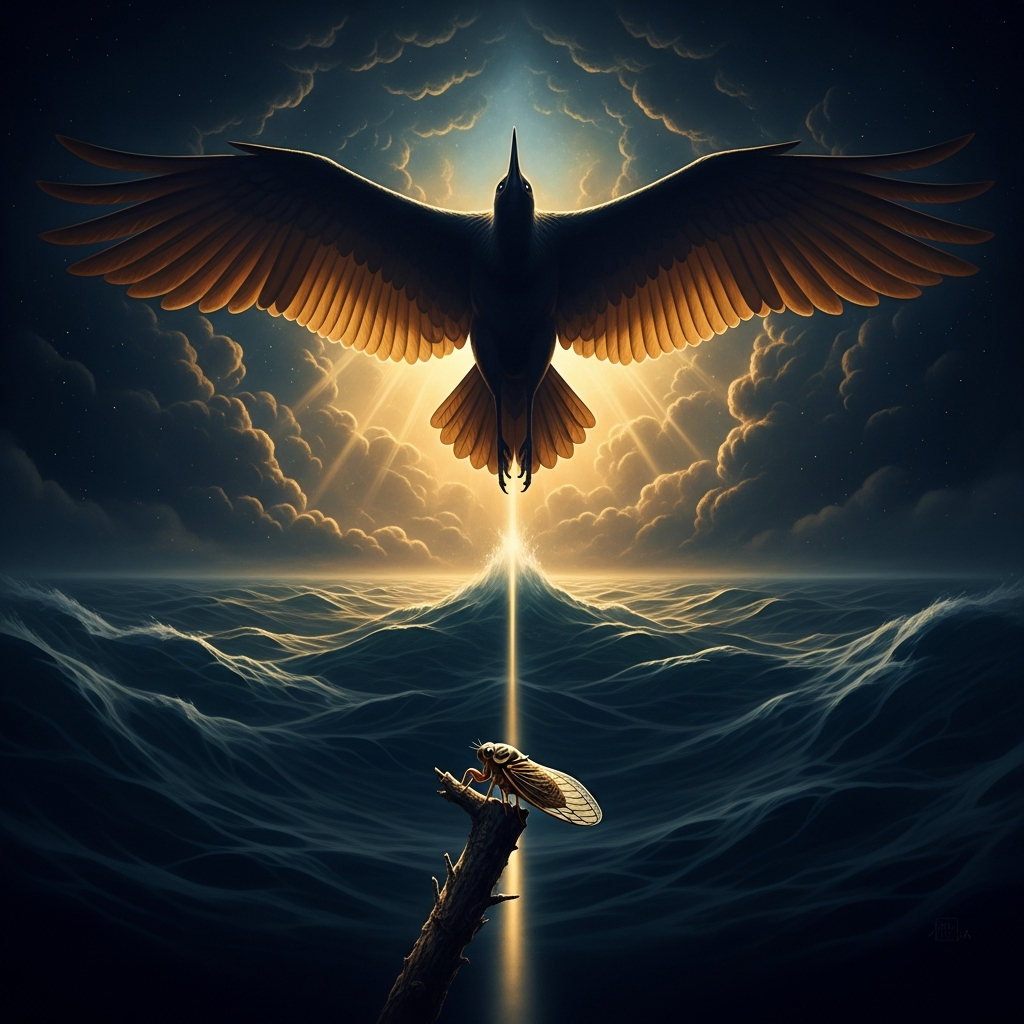 The Pengniao, the enormous bird whose wingspan darkens the sky for ninety thousand li, rising from the northern sea. Far below, a cicada lands on a small tree and cannot see the bird. The cicada's commentary on flight range is perfectly accurate at cicada scale.
