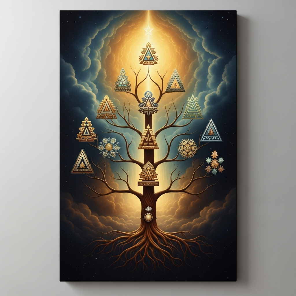 The cosmos as the *Zohar* describes it — ten *sefirot* arranged as a Tree, the divine attributes through which the hidden God engages creation: *Keter* at the crown, *Malkhut* at the root, the *Shekhinah* in exile and yearning to return.